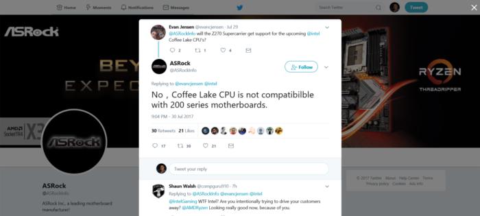 C'est via son compte Twitter qu'Asrock a rvl que les puces Coffee Lake ne serait pas compatible avec les chipset de srie 200.